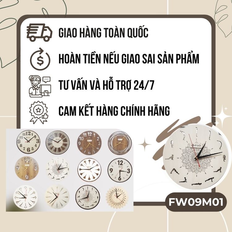 Đồng Hồ Treo Tường Gỗ Đẹp Decor Trang Trí, Hiện Đại Thương Hiệu FIVO Mẫu FW09 Trang Trí Phòng Khách Hình Tròn Họa Tiết Yoga