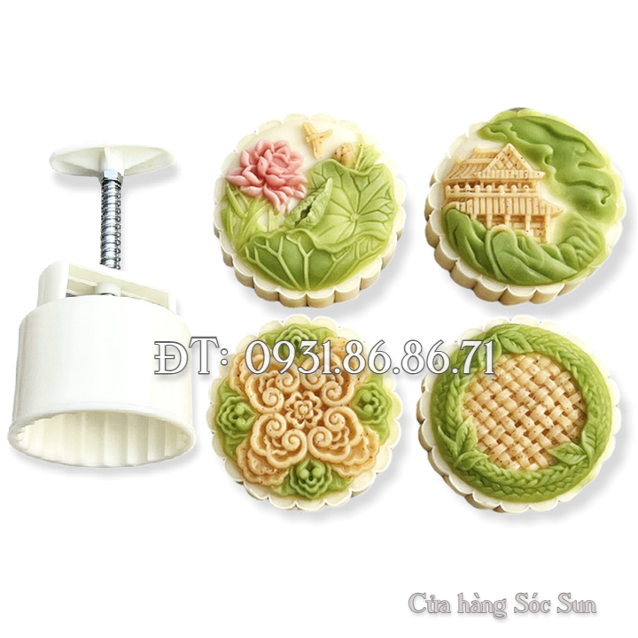Khuôn trung thu lò xo 4 mặt hình tròn hoa sen, ngôi nhà – Mã số 1907