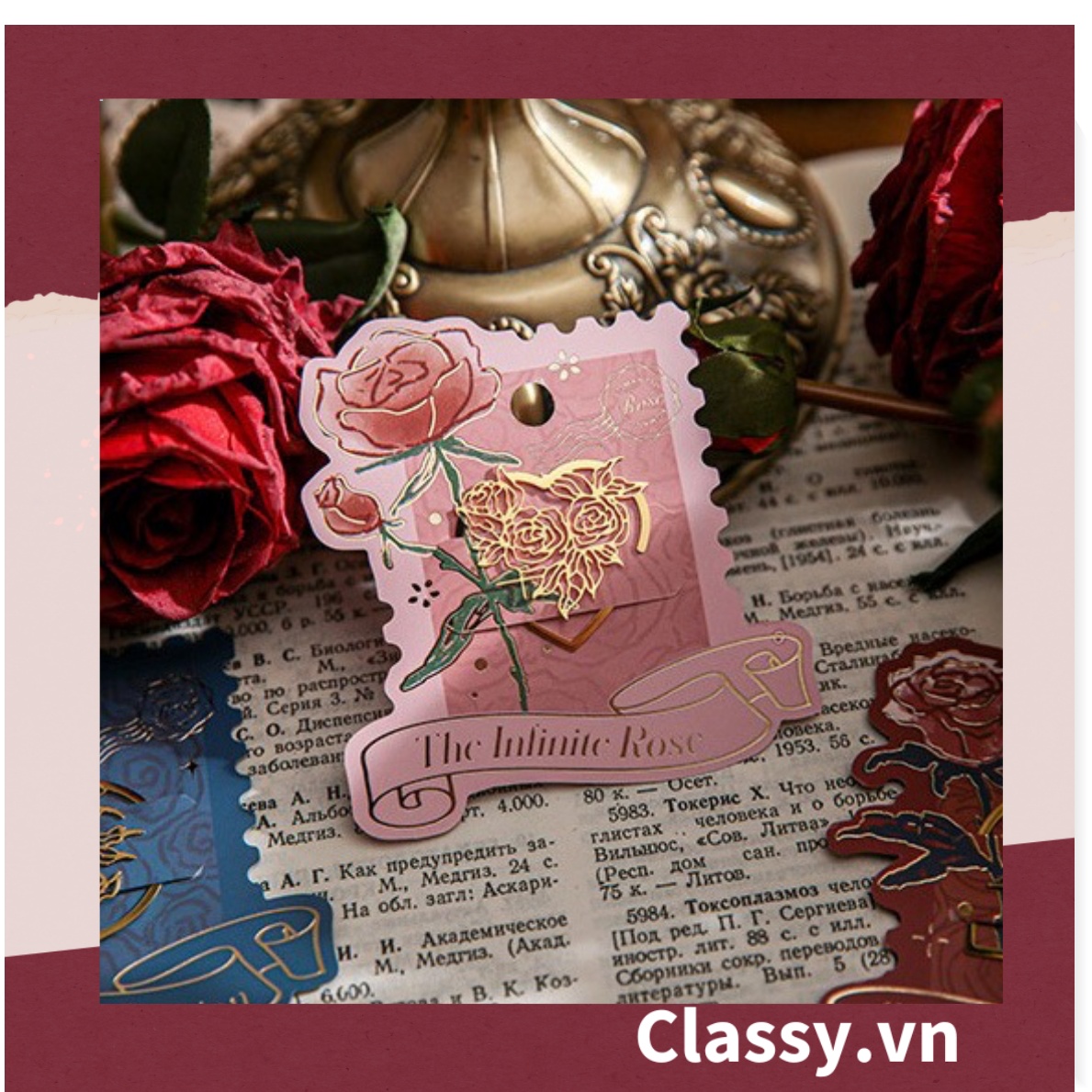 Bookmark /thẻ đánh dấu sách Hình Hoa Hồng vintage chất liệu Kim Loại đánh Dấu, đục lỗ tròn có thể gắn thêm ruy băng PK1793