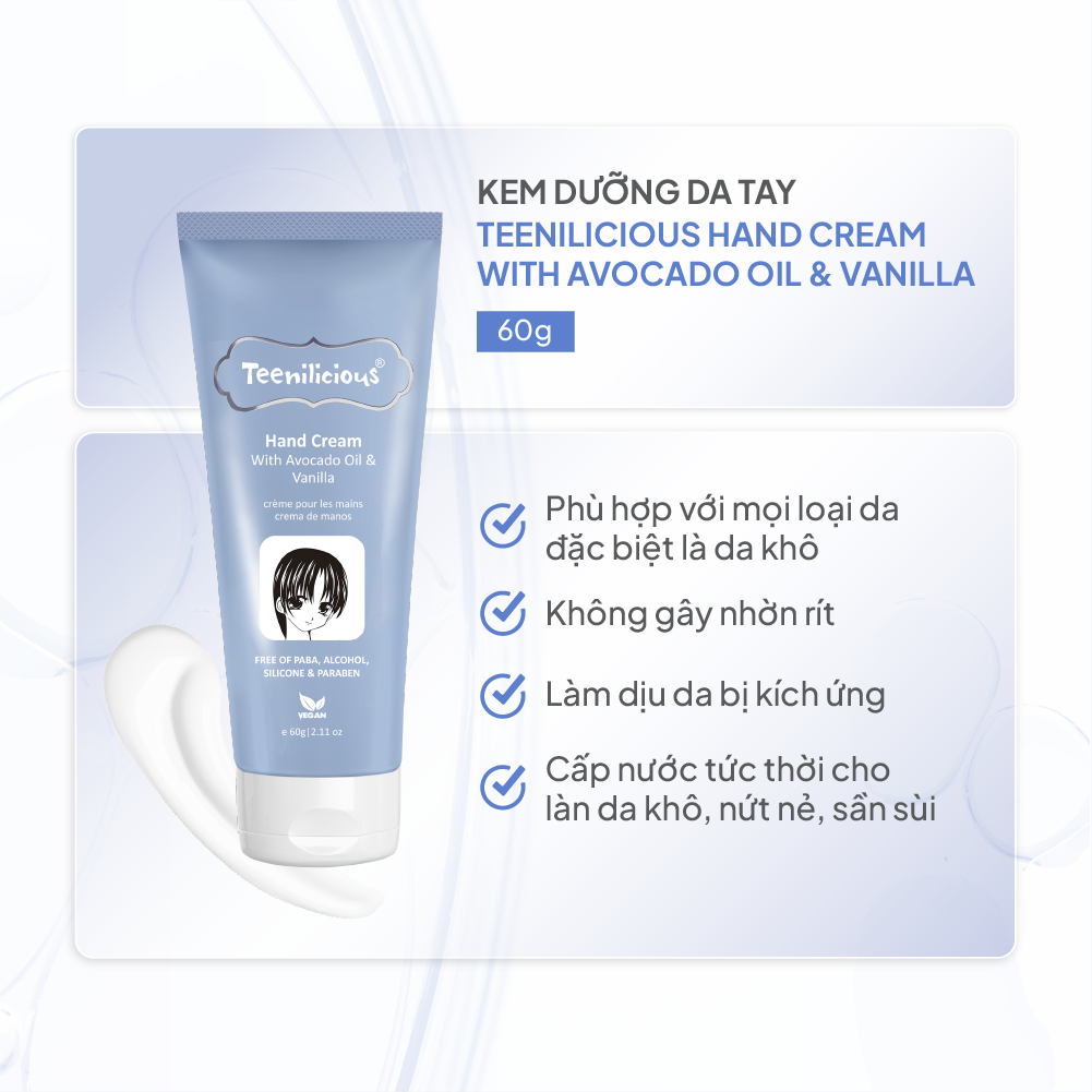 Kem Dưỡng Da Tay Teenilicious Hand Cream With Avocado Oil &amp; Vanilla Hỗ Trợ Dưỡng Ẩm, Mềm Mại Da 60g