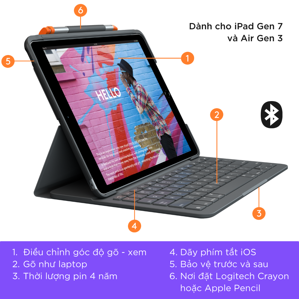 Bao da kèm bàn phím Logitech Slim Folio kết nối bluetooth dành cho iPad Gen7, Gen 8, Gen 9 - Pin đến 4 năm - Màu Đen - Hàng chính hãng