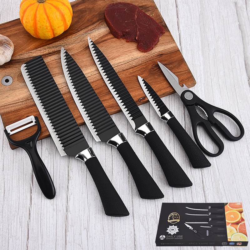 Bộ dao nhà bếp Nhật 8 MÓN, 04 dao nhiều kích thước khác nhau, 01 kéo, 01 dụng cụ nạo, có tặng kèm 02 khăn lau bếp đa năng, chất liệu thép gợn sóng cao cấp không gỉ