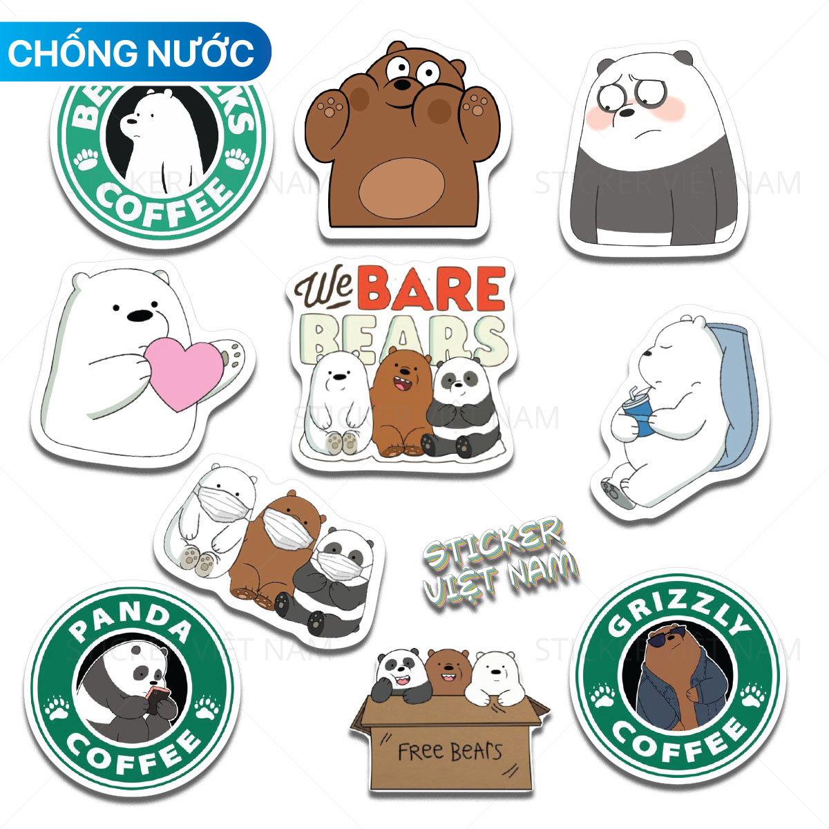 Sticker Ba Chú Gấu - We Bare Bears Siêu Dễ Thương - Chất Liệu PVC Chất Lượng Cao Chống Nước - Kích Thước 4-8cm