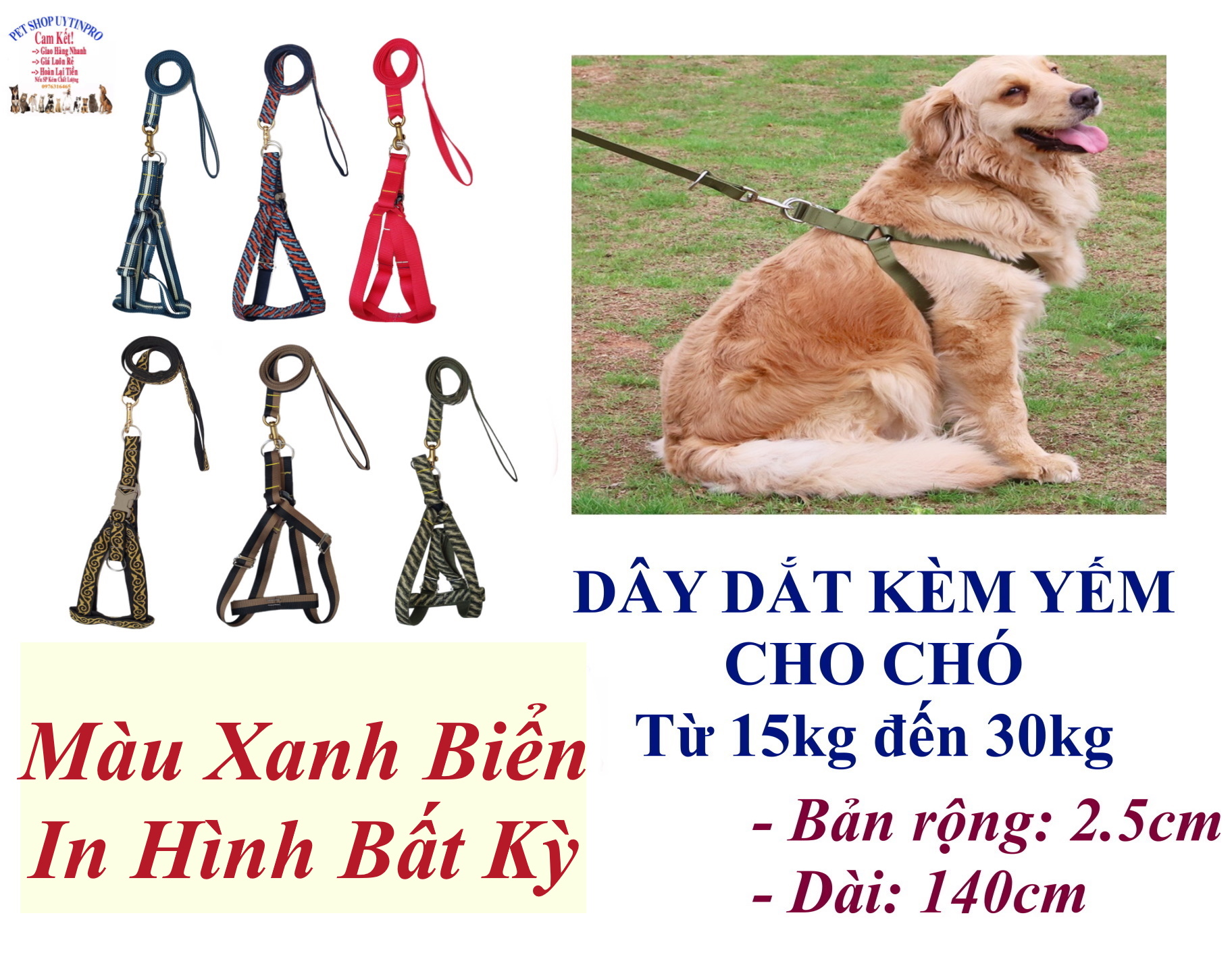 Dây dắt kèm yếm cho Chó Mèo từ 15kg đến 30kg Bản rộng 2.5cm Dài 140cm Chất liệu dù cao cấp, chắc chắn, An toàn