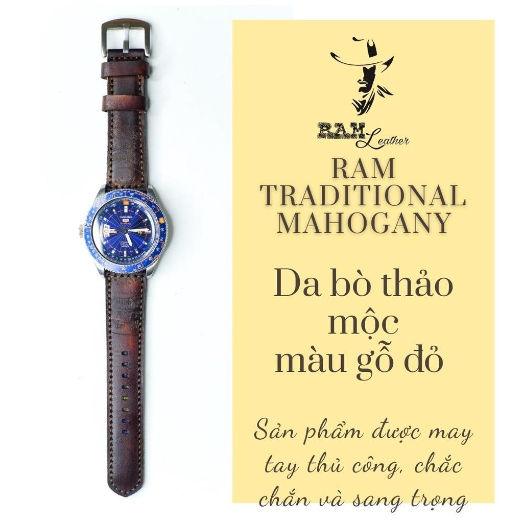 Dây đồng hồ trống đồng da bò thảo mộc vegtan cao cấp màu gỗ mahogany bền chắc - chính hãng RAM Leather