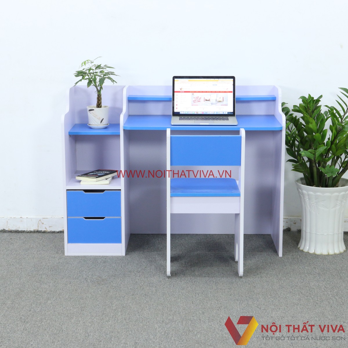 Bàn Học Đẹp Cho Bé Trai Gỗ MDF Màu Trắng Phối Xanh Dương Hiện Đại Giá Rẻ