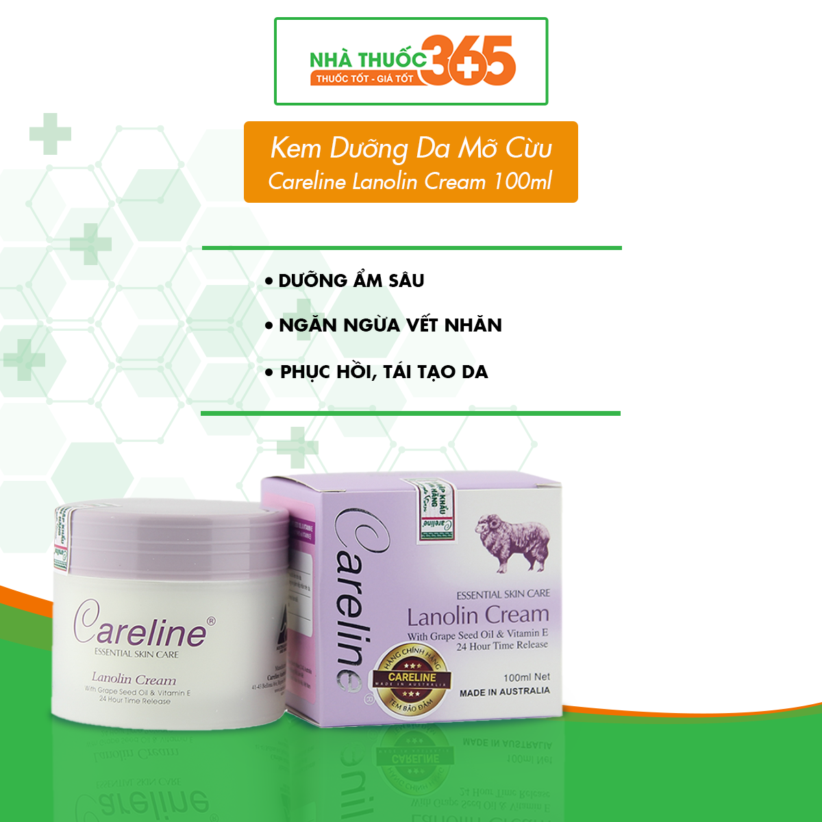 Kem dưỡng da mỡ cừu Careline Lanolin Cream giúp cấp ẩm, ngăn ngừa nếp nhăn 100ml