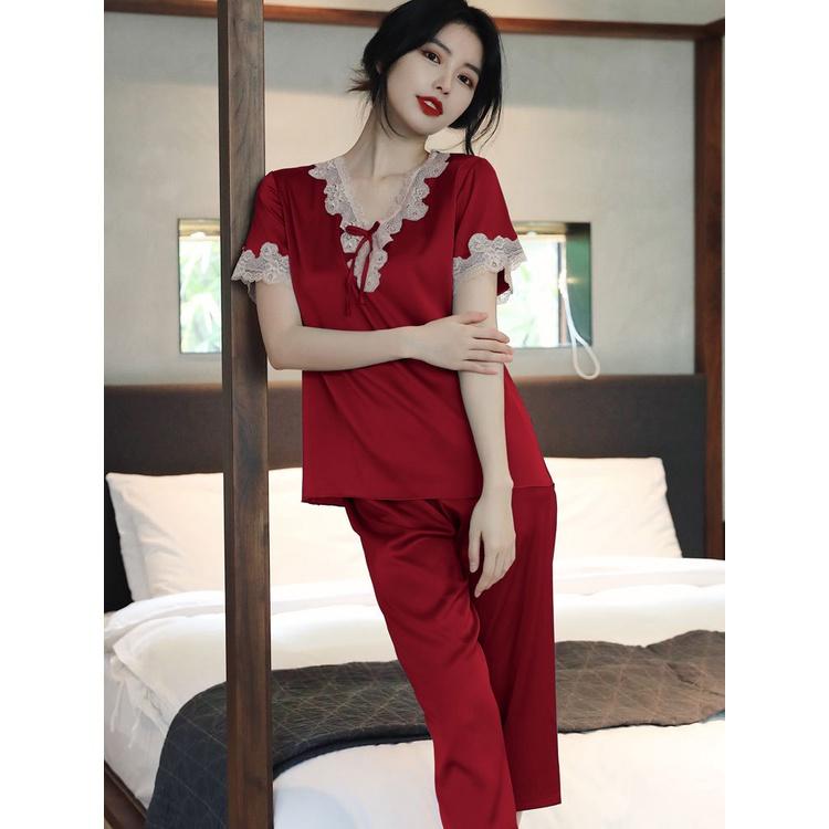 Bộ đồ ngủ pijama nữ, bộ mặc nhà quần lửng mùa hè vải lụa ngắn tay, cổ chữ V phối ren quyến rũ, phong cách ngọt ngào PN