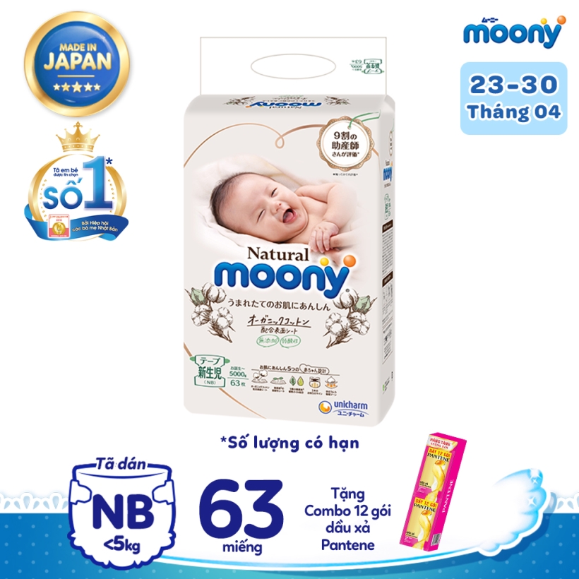 Tã dán cao cấp Moony Natural Newborn 63 miếng nhập khẩu Nhật Bản