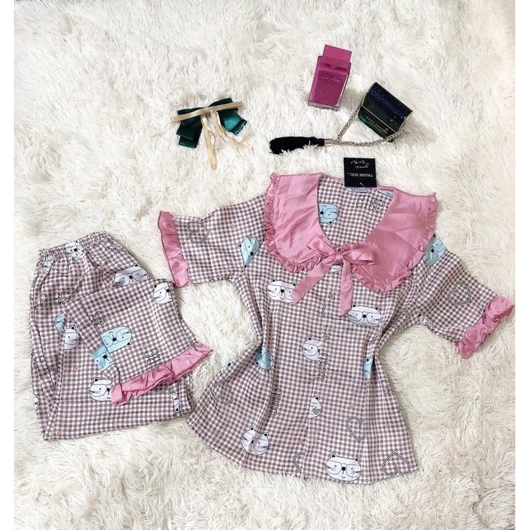 Bộ pijama caro ngắn tay hoạ tiết mèo con dễ thương