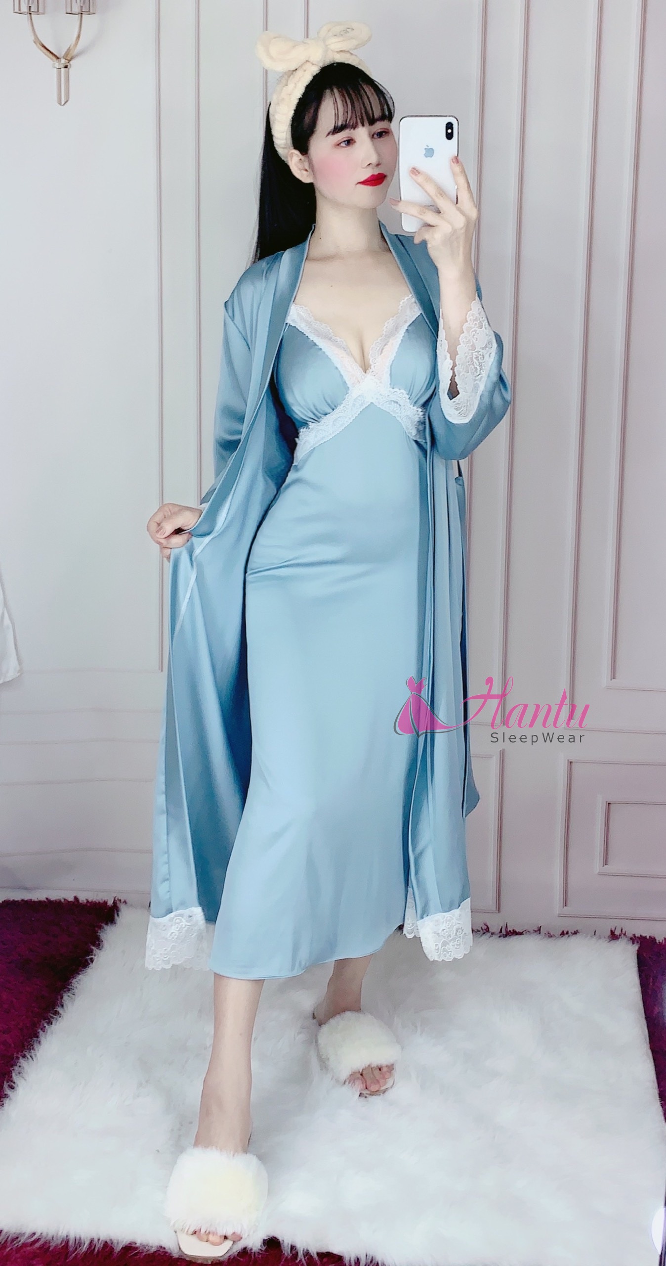 Hantu Sleepwear -Set áo choàng dài kèm váy ngủ lụa cao cấp dài quá gối mặc nhà sang trọng