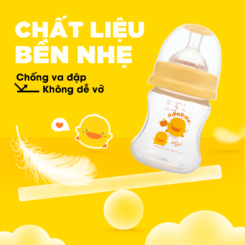 Bình sữa cổ rộng Piyo Piyo 140ml thân bình cong dễ cầm, nhựa PP không BPA