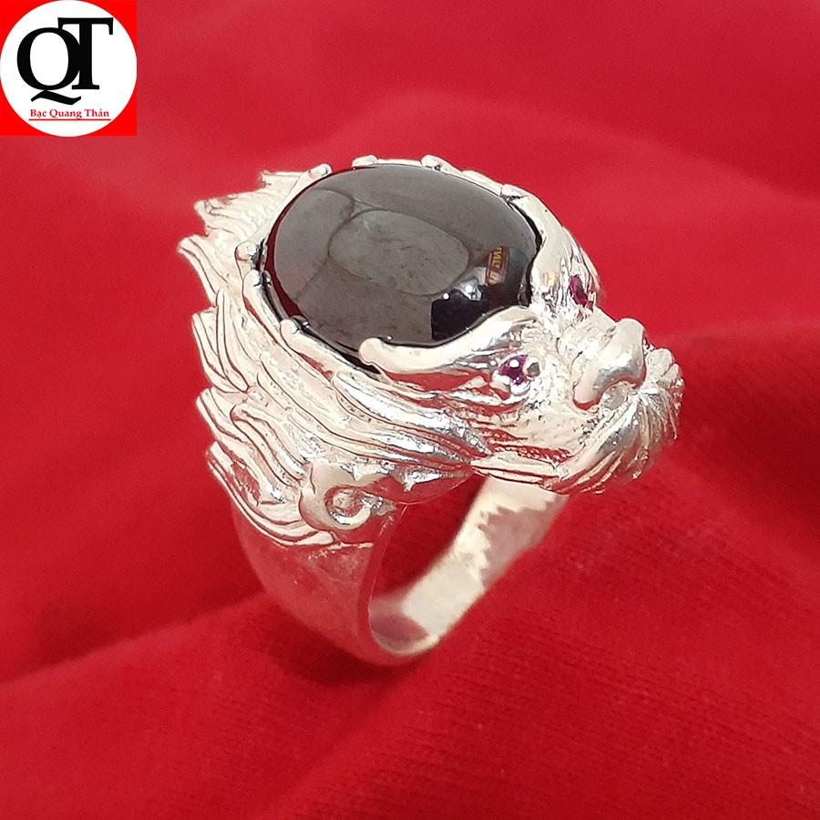 Nhẫn nam bạc ta đúc hình đầu Rồng mắt đính đá màu đỏ trang sức Bạc Quang Thản - QTNU17