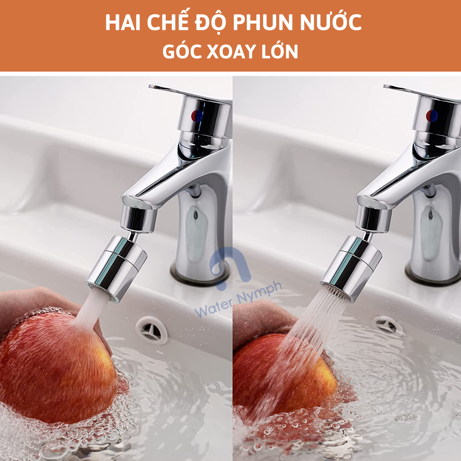 Đầu vòi rửa bát tăng áp, xoay 360 độ Waternymph tạo bọt, chống bắn, 2 chế độ phun tiện ích (tặng kèm bộ ren 6 món