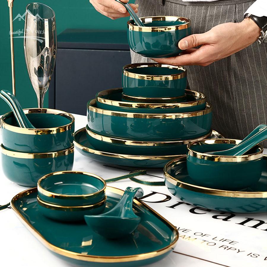 Bộ Bát, Đĩa Sứ Màu Xanh Cổ Vịt - Sứ Cẩm Thạch Viền Vàng 24k Sang Trọng