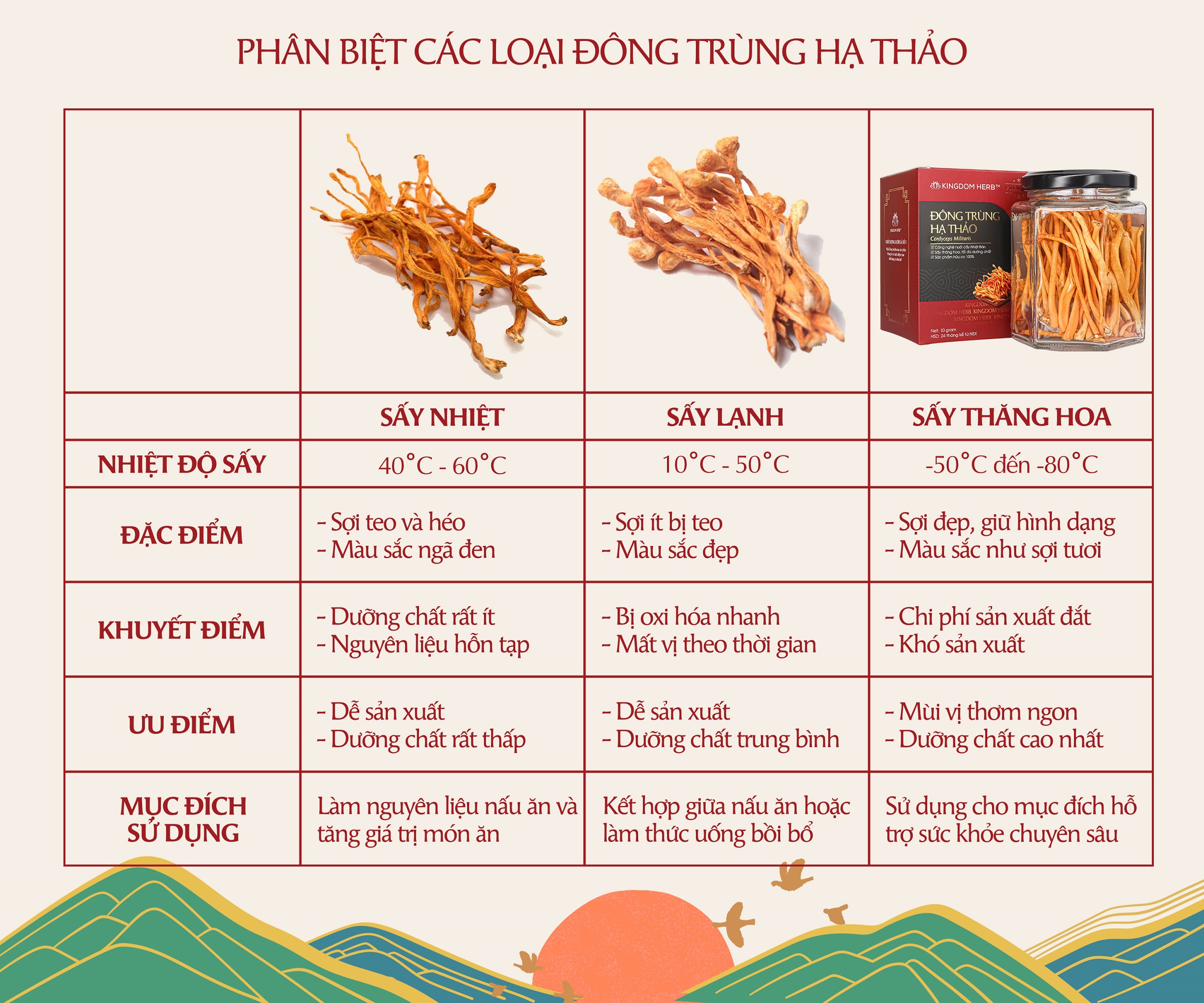 Đông trùng hạ thảo Kingdom Herb chính hãng loại thượng hạng sấy thăng hoa hộp 10 gram (tặng bình nước thủy tinh cao cấp)