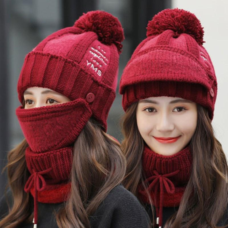 Mùa Đông Nón Nữ Mùa Đông Đan Beanies Nón Yếm Và Mặt Nạ Nữ Bảo Vệ Tai Skullies Nón Nhung Ấm Dày Đi Xe len