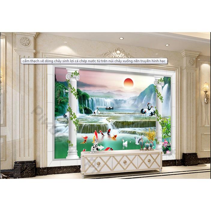 Tranh sơn thủy phong thủy cá chép và chim hồng hạc, Tranh dán tường 3d hiện đại MS968950
