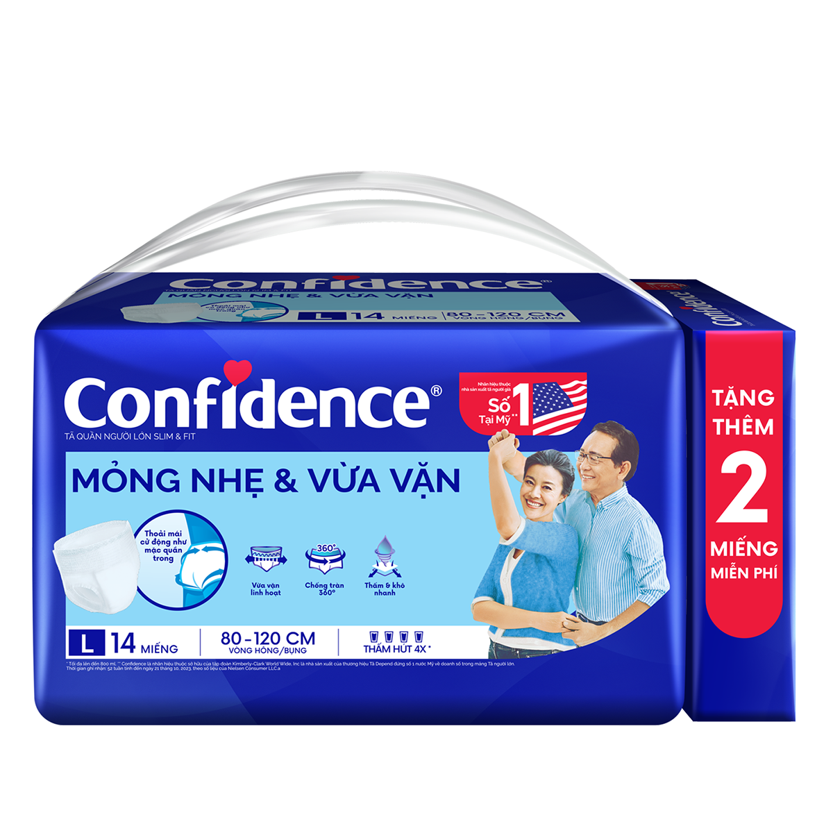 Tã quần người lớn Confidence Slim&amp;Fit mỏng nhẹ vừa vặn size L gói 14+2 miếng