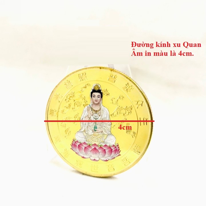 Xu Quan Âm vàng in màu, chất liệu xu bằng Niken, dùng để bỏ vào túi, mang theo trong người, cúng dường, các dịp Lễ, giúp bảo vệ bình an và xua tan vận rủi - TMT Collection - SP005193