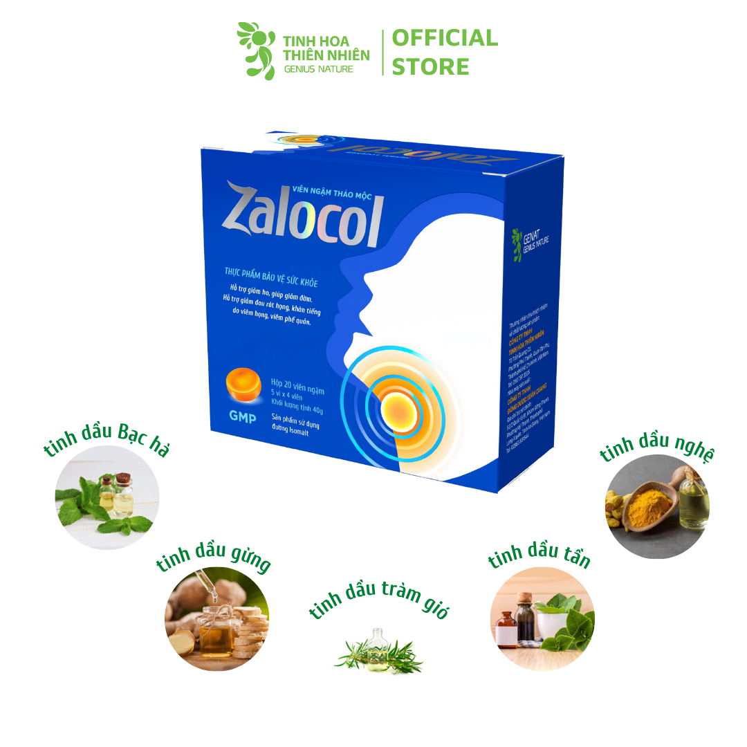 Combo 10 hộp viên ngậm ho thảo mộc Zalocol Hỗ trợ giảm đờm, giảm đau rát họng, khản tiếng do viêm họng, viêm phế quản (Hộp 20 viên) - Genat