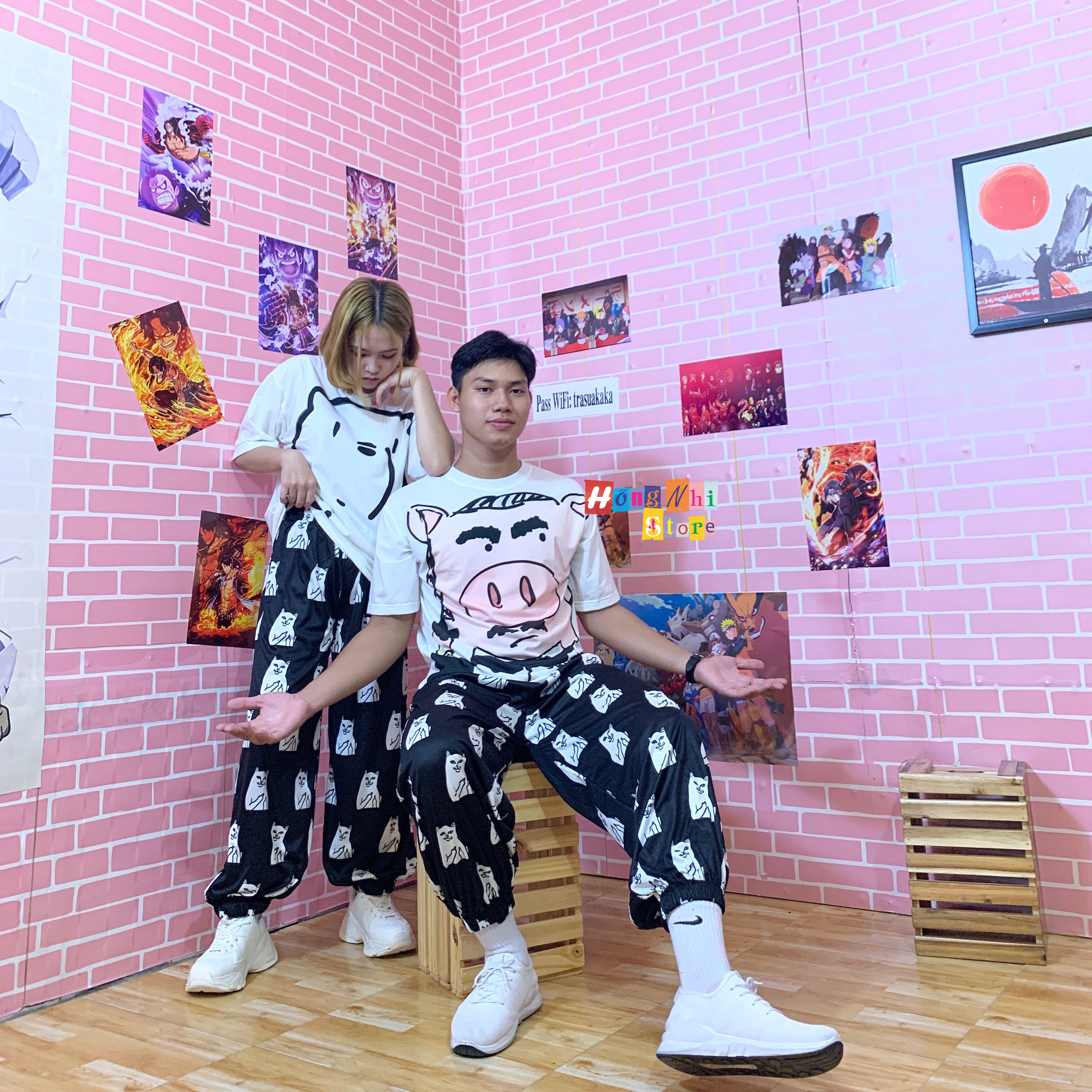 Quần Hoạt Hình Dài Bo Lai Mèo Trắng Cartoon Pant V2 Oversize Ulzzang Unisex - MM