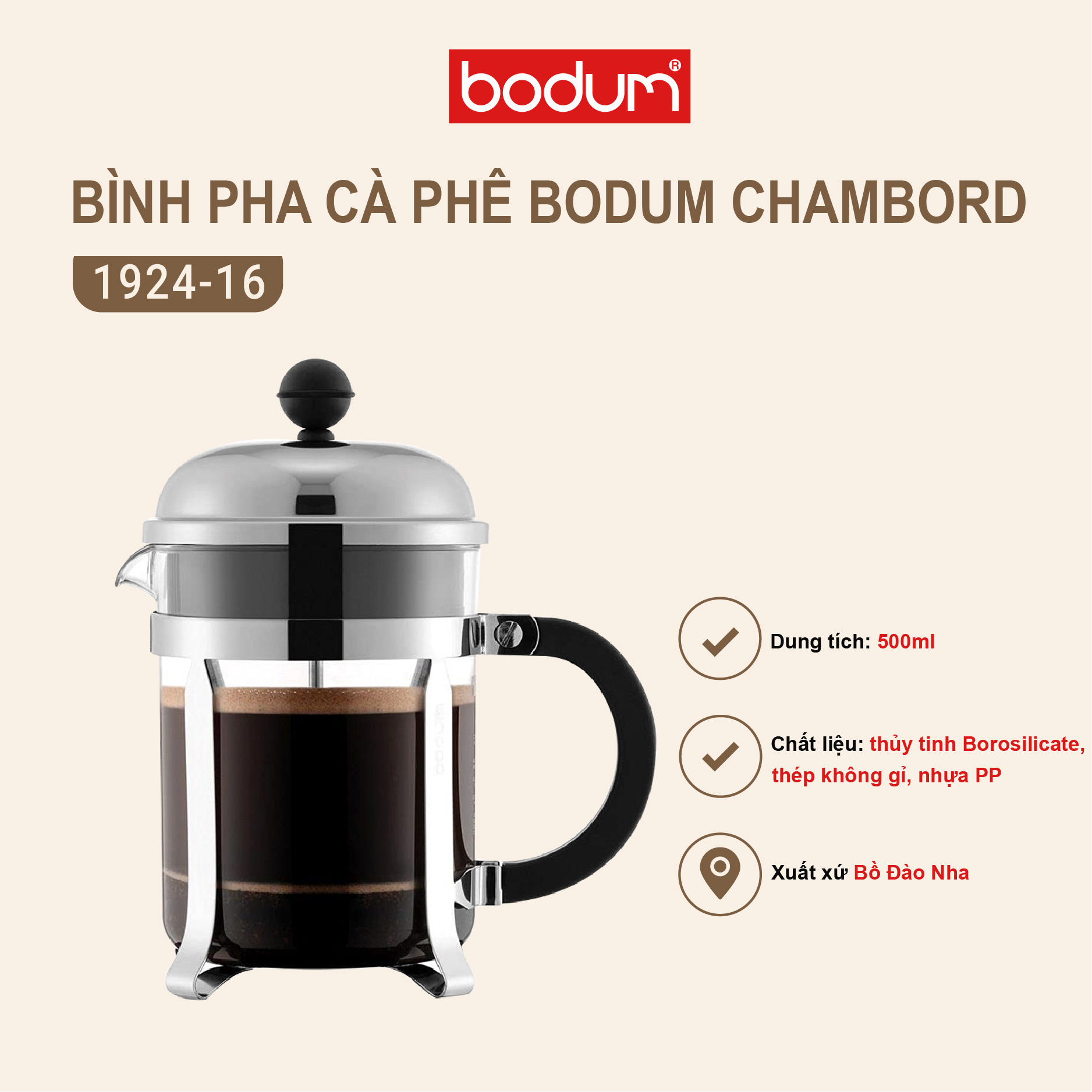 Bình pha trà, cà phê kiểu Pháp Bodum Chambord 500ml màu inox 1924-16, xuất xứ Bồ Đào Nha