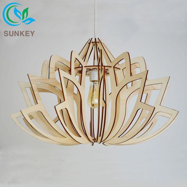 Đèn Trang Trí Thả Trần Hoa Sen - Đường Kính 44cm - Chất Liệu Gỗ Plywood -