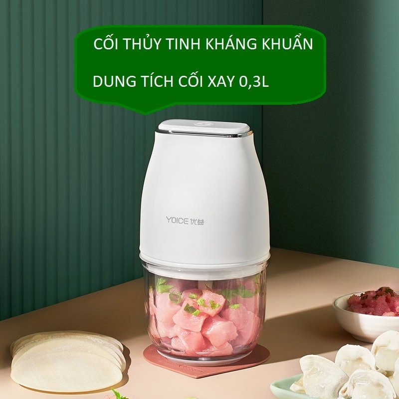 Máy xay tỏi ớt thịt mini , xay ăn dặm cho bé đa năng Cối thủy tinh Yoice 300ML- BH 12 Tháng- Hàng chính hãng