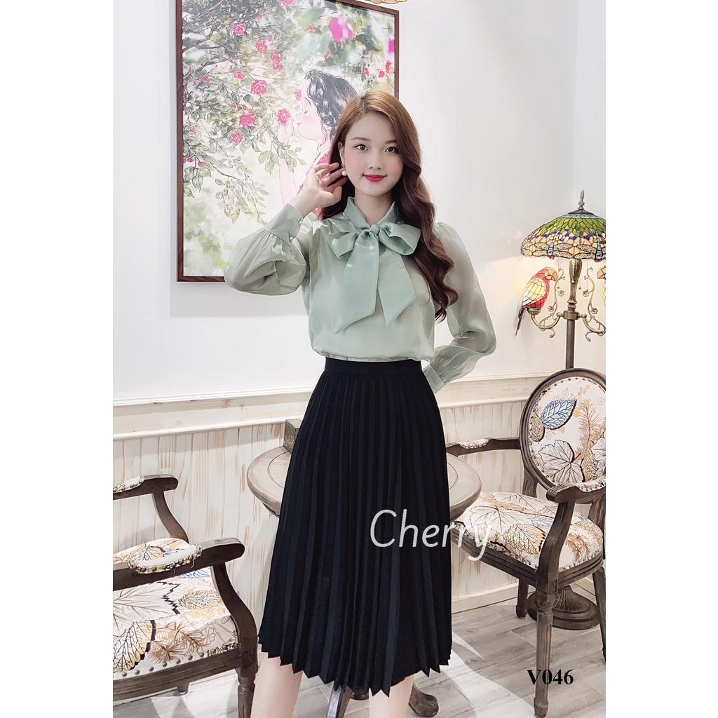 Áo sơ mi nữ cổ có nơ Cherry dài tay dáng rộng chất tơ hàn cao cấp thời trang Hàn Quốc V046