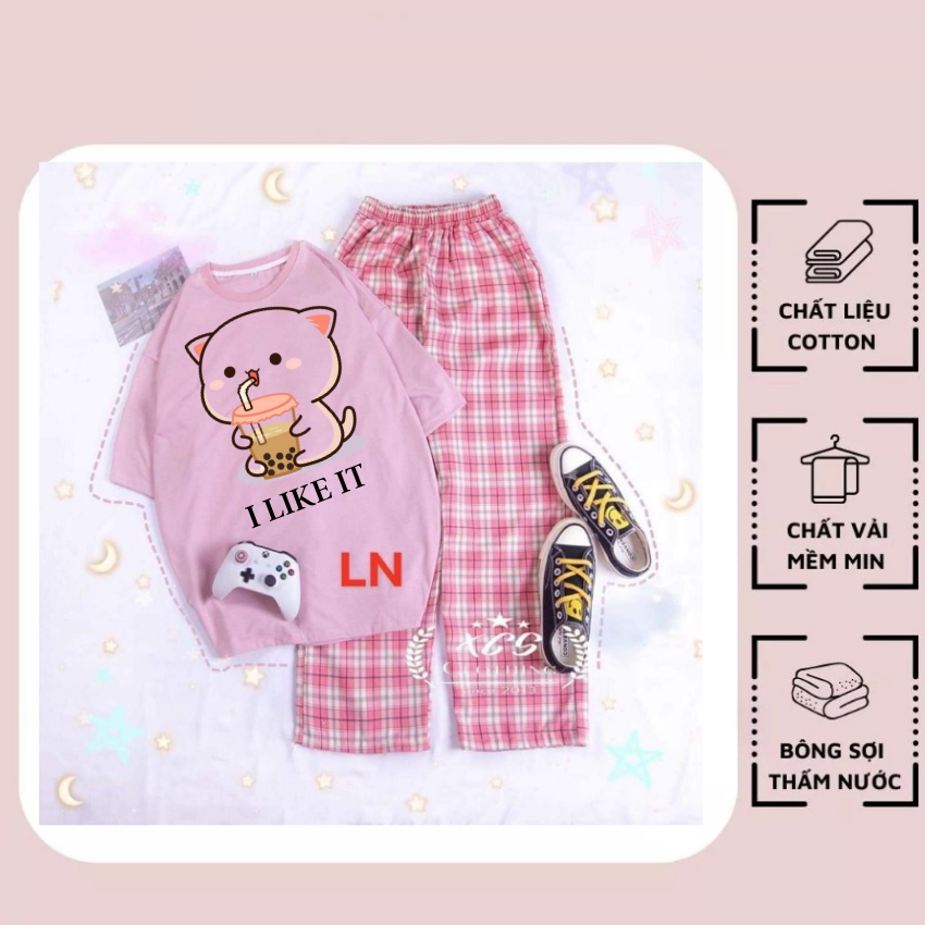 Sét Bộ Nữ SS14, Sét Đồ Nữ Đi Chơi Đẹp In Hình Mèo Uống Nước Dễ Thương