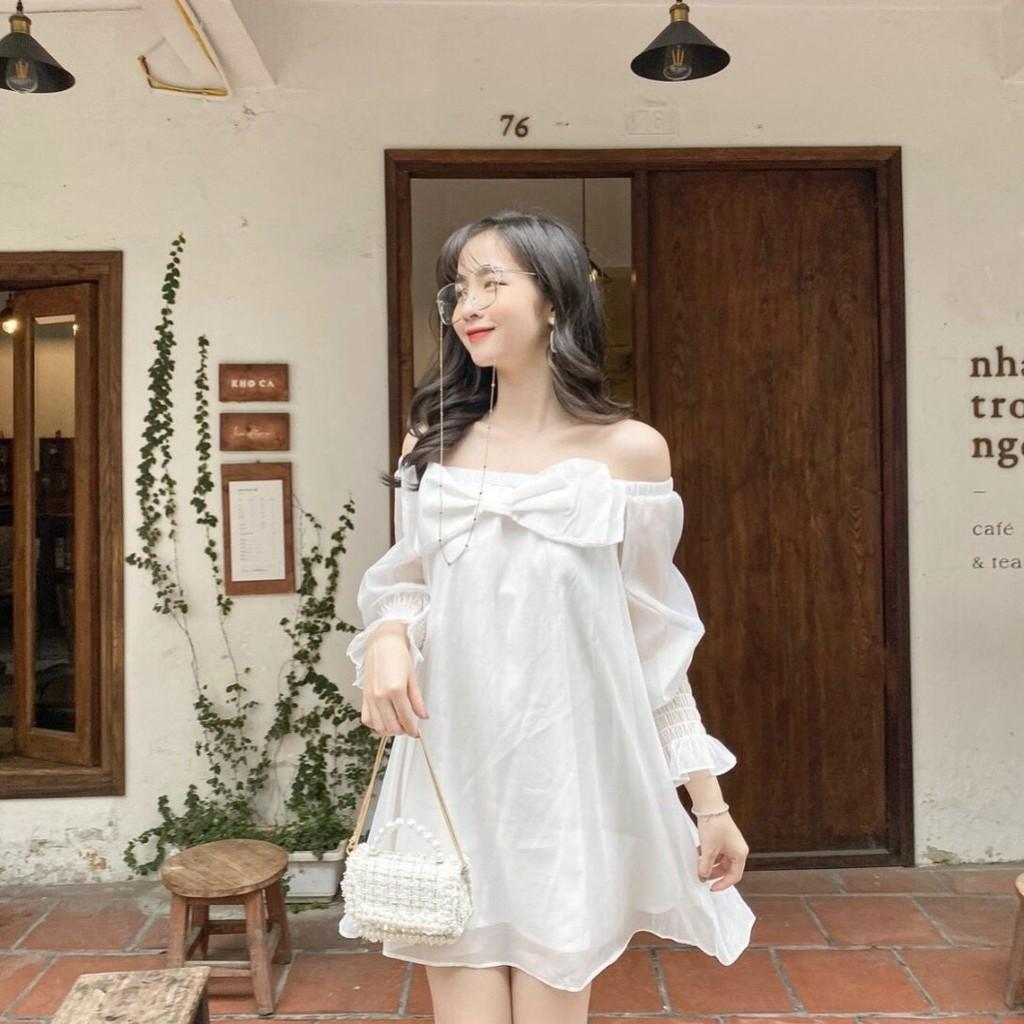 Áo Trễ Vai Nơ Voan Trắng Tay Dài Áo Tay Bồng Bó Chun Có Nơ Ngực