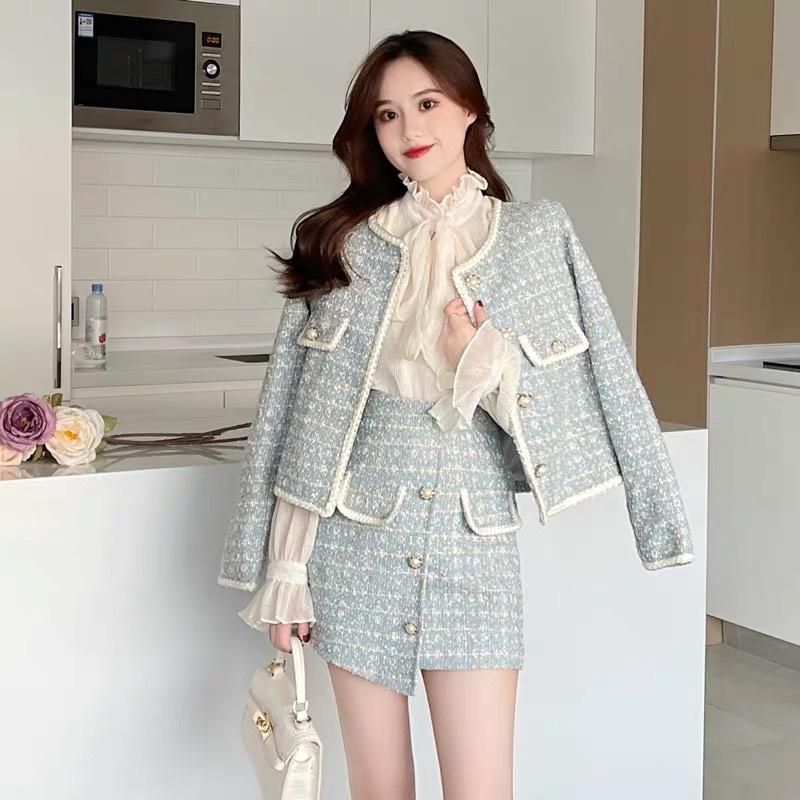 Set Dạ Tweed Kim Sa 2 Lớp, Bộ Áo Dạ Tweed Kèm Chân Váy Dạ Tweed Họa Tiết Sim Sa / Size S/M / Cáo Hồng Shop