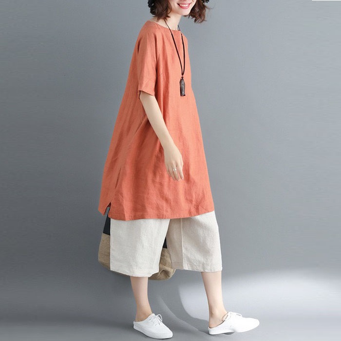 Đầm suông linen cổ tròn tay lỡ Basic, thời trang hè thu 2021