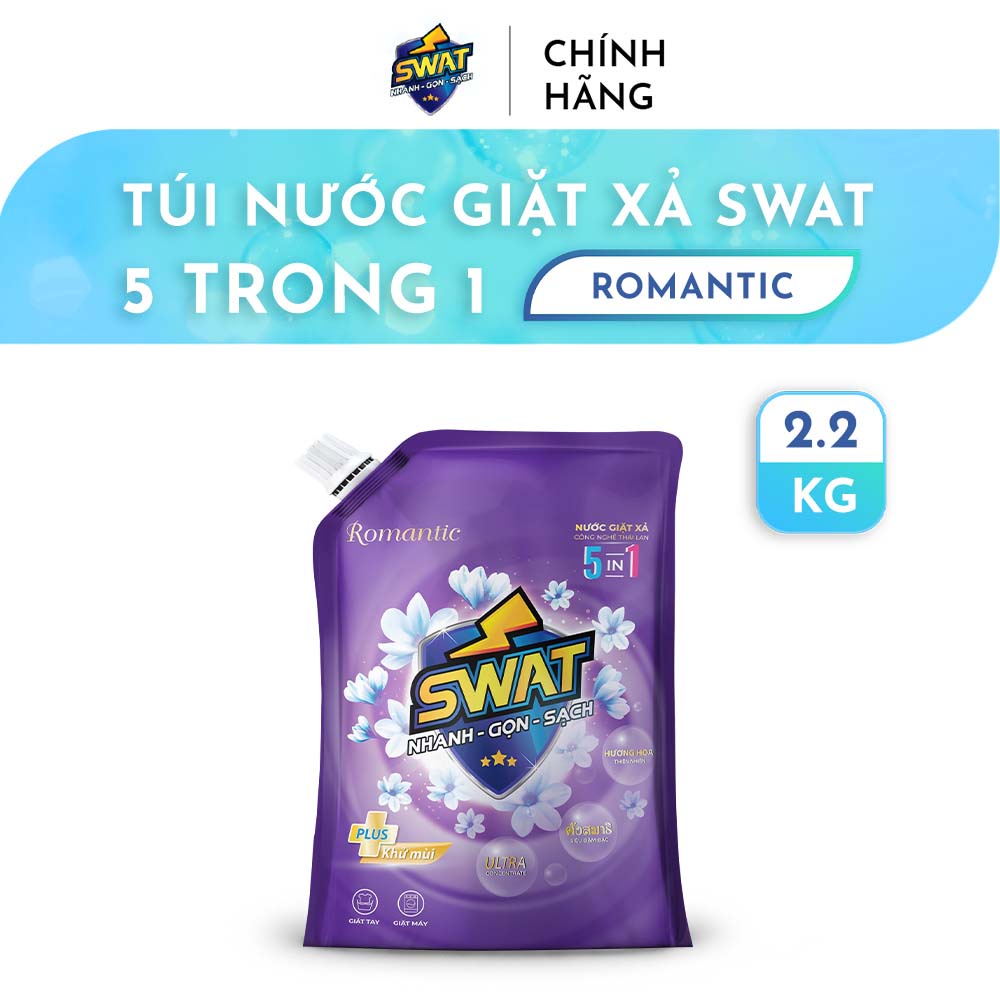 Nước Giặt Xả SWAT 5 in 1 Romantic Siêu Thơm túi 2.2kg - Siêu tiết kiệm giúp diệt khuẩn, công nghệ lưu hương kép