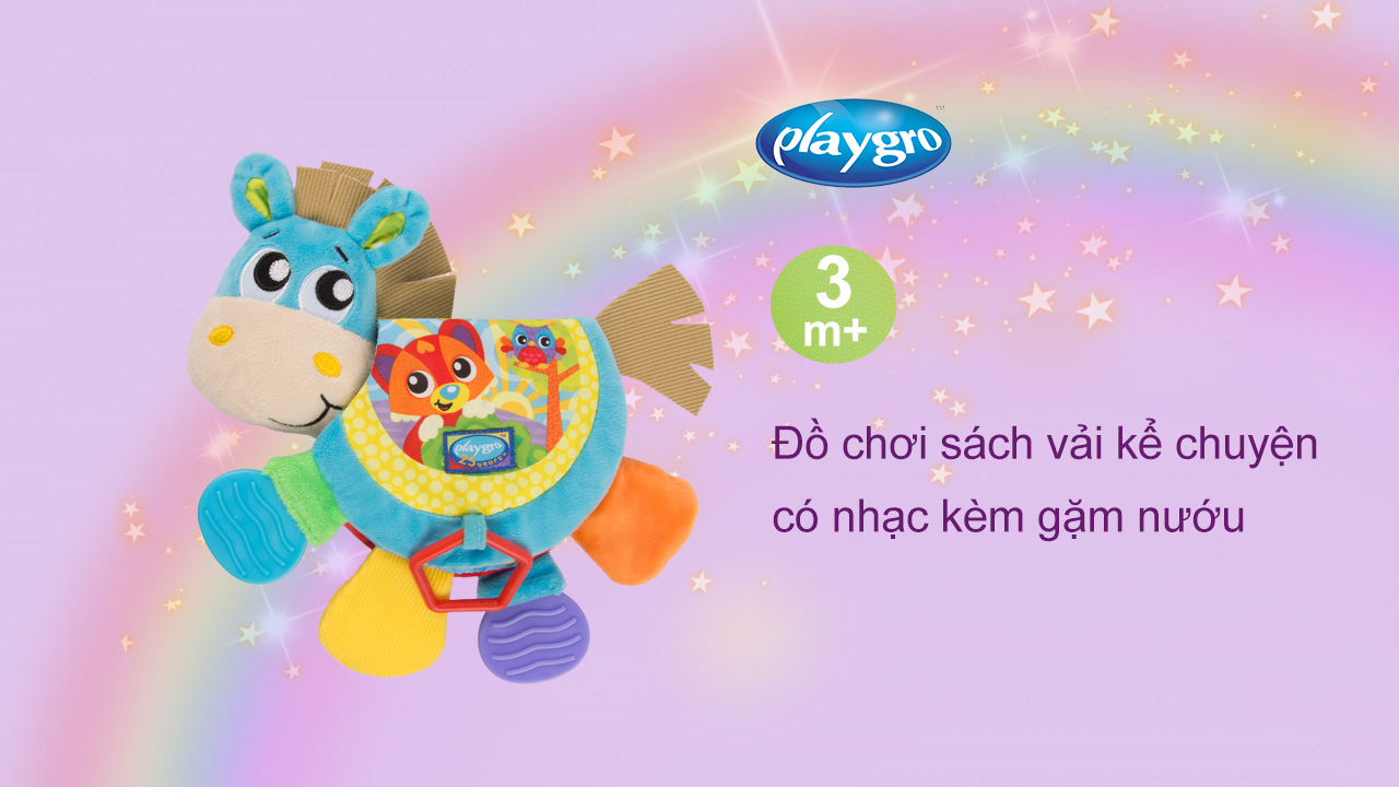 Đồ chơi sách vải kể chuyện có nhạc kèm gặm nướu Playgro Musical Clip Clop Teether Book, cho bé 3-24 tháng