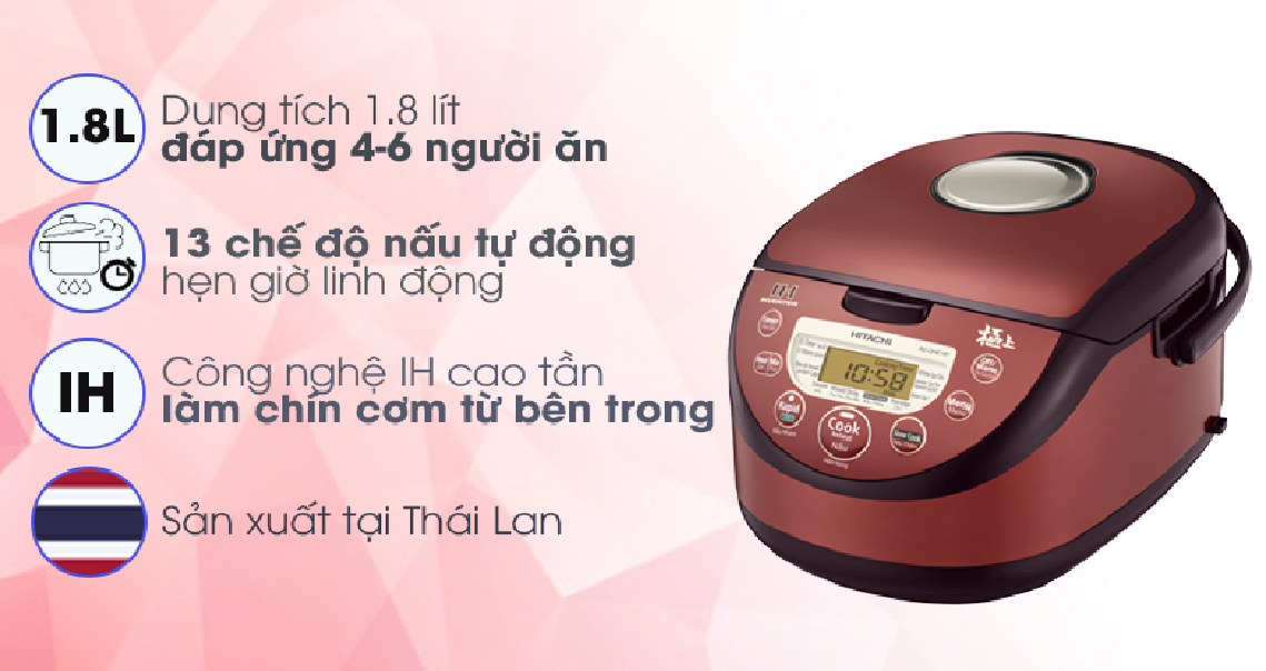 Nồi cơm điện cao tần Hitachi 1.8 lít RZ-GHE18Y(R) - HÀNG CHÍNH HÃNG - CHỈ GIAO HCM