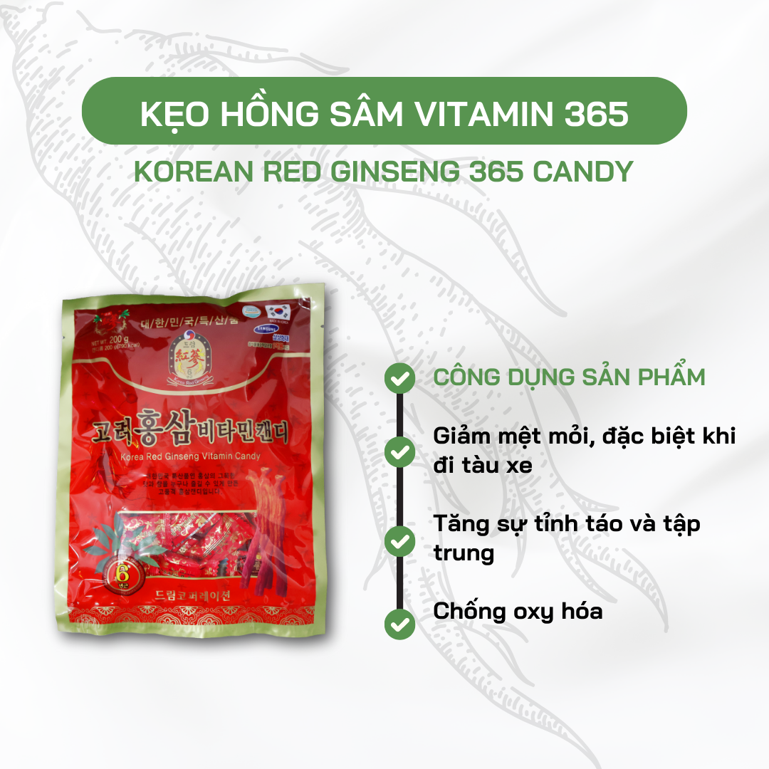 Kẹo Hồng Sâm Vitamin Hàn Quốc 365 - Korean Red Ginseng Candy 365- 200g