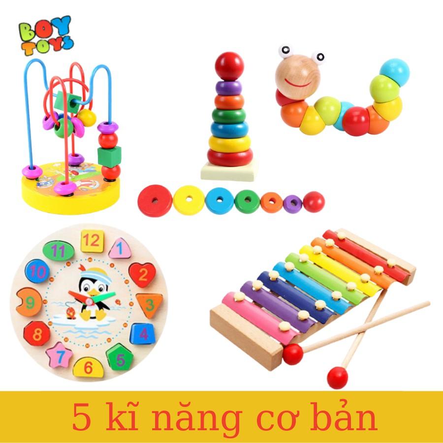 Combo 5 món đồ chơi trí tuệ trẻ em Đàn 8 thanh, sâu gỗ, luồn hạt, đồng hộ gỗ, tháp xếp chồng rèn luyện khả năng tư duy