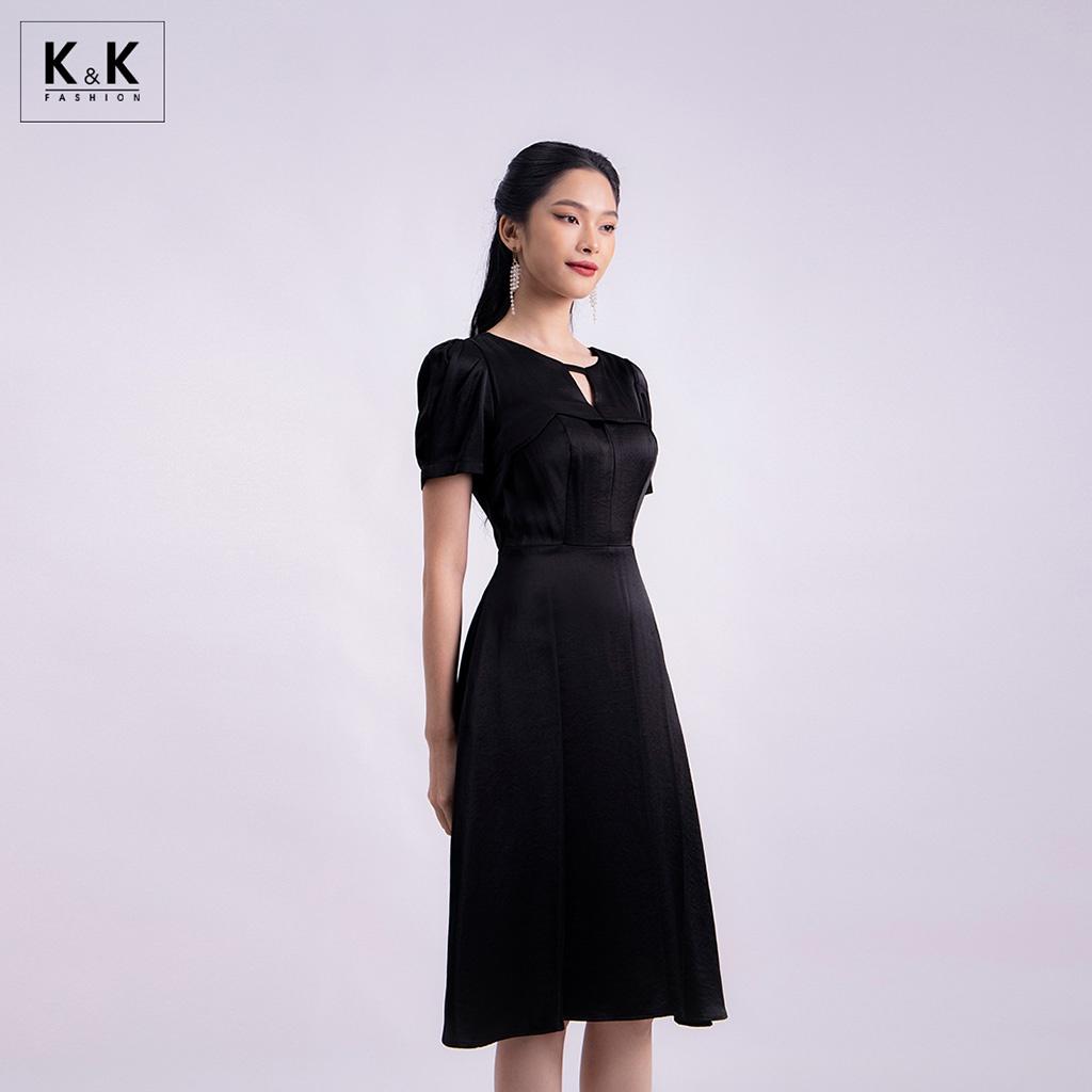 Đầm Đen Cổ Xòe Cổ Cut Out K&amp;K Fashion KK120-12 Chất Liệu Lụa Satin