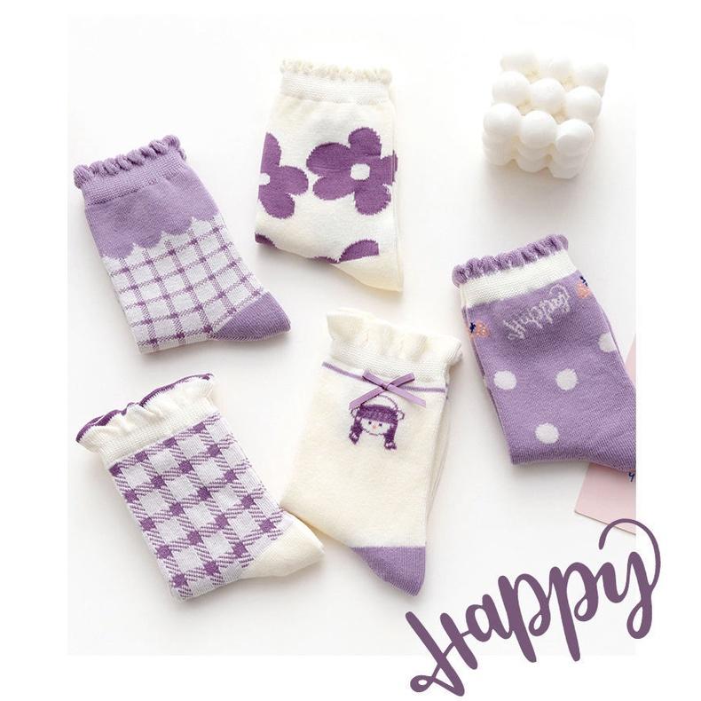 Set 5 đôi tất vớ cotton cổ ren cao mềm ấm cho bé hình korean girl màu tím