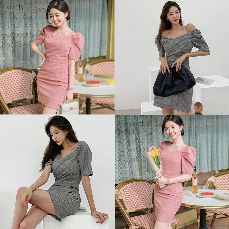 Đầm Nữ Ngắn Tay Cổ Chữ V Ca Rô Thời Trang Hàn