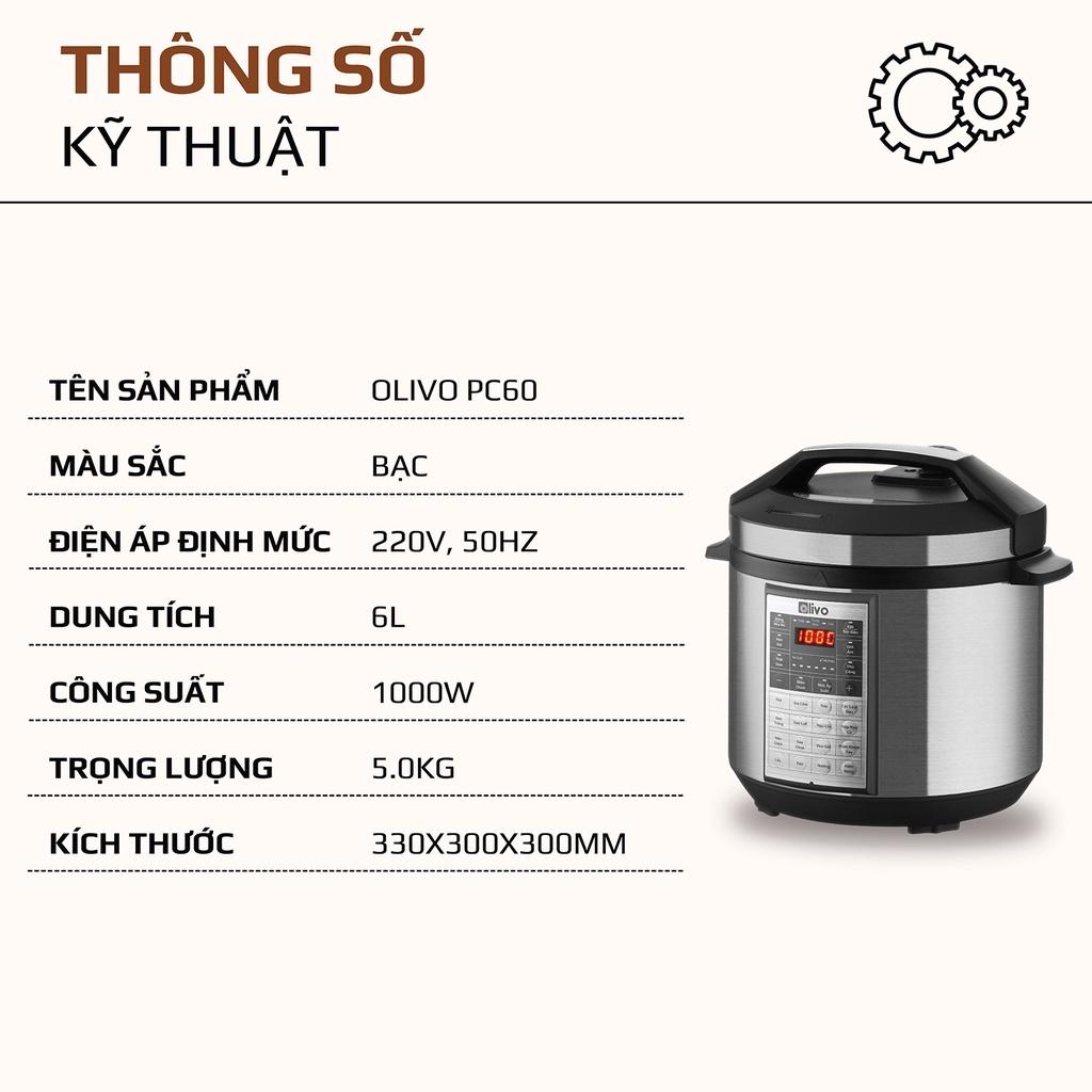 Nồi Áp Suất Điện Đa Năng OLIVO PC60 16 Chức Năng - Dung Tích 6L - Công Suất 1000W - Thương Hiệu Mỹ, Hàng chính hãng