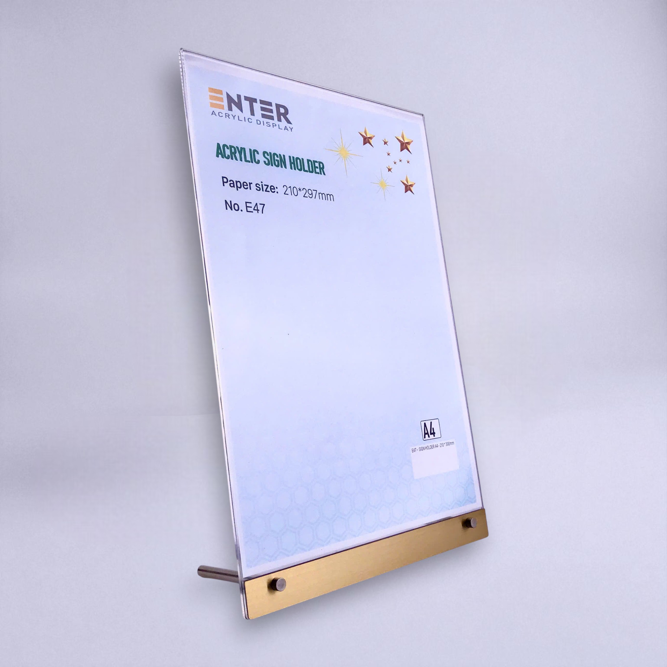 Kệ mica 1 mặt Enter E47 210x300mm liên kết bulon A4 đứng, Kệ menu nhà hàng, Standee mica để bàn, Bảng quét mã QR Code