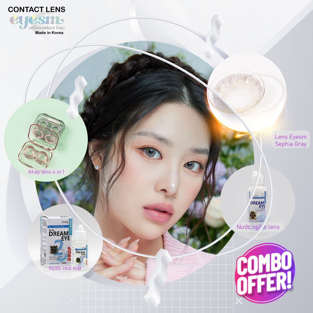 Kính áp tròng Eyesm Sephia Gray - Combo Lens màu xám - Full phụ kiện