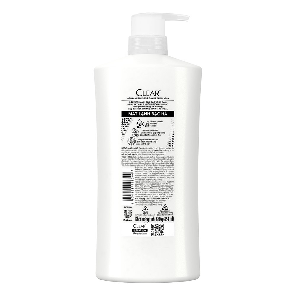 Dầu Gội Clear Sạch Gàu Dầu Gội Sạch Gàu Mát Lạnh Bạc Hà 3X Sức Mạnh Đánh Bay Gàu, Ngứa, Vi Khuẩn 880G