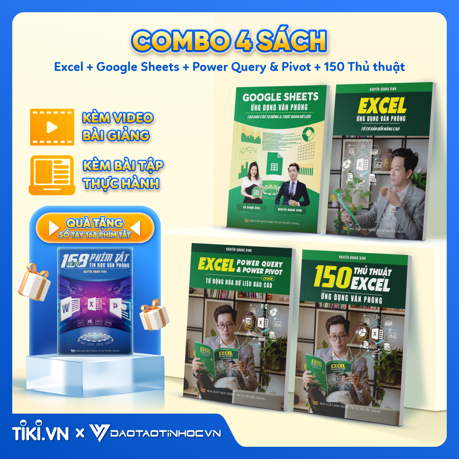Combo 4 Sách Excel - Google Sheet - 150 TT - Power Query ĐÀO TẠO TIN HỌC Ứng Dụng Văn Phòng Kèm Video Khóa Học