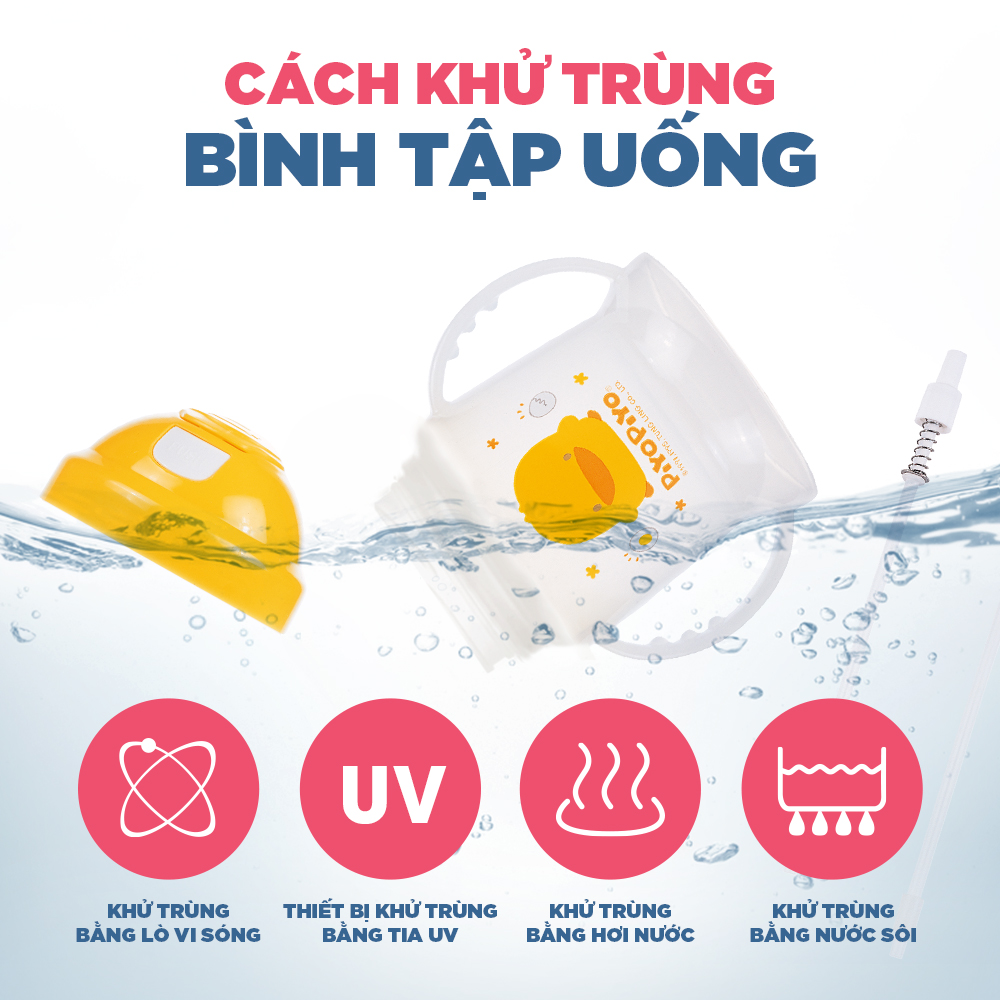 Bình tập uống hai tay cầm nắp bật cho bé Piyo Piyo 250ml bấm nút để mở, ống hút ngăn tràn