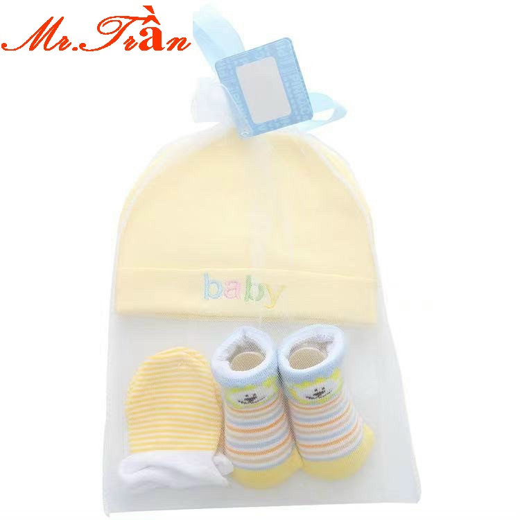 Set 3 món cao cấp dùng cho bé sơ sinh gồm tất, bao tay, mũ thóp vải cotton mềm mịn cho bé sơ sinh
