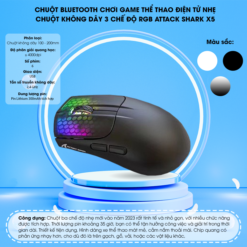 Chuột không dây X5 kết nối 3 chế độ thiết kế chuột trọng lượng siêu nhẹ kèm đèn led RGB và 5 mức độ DPI